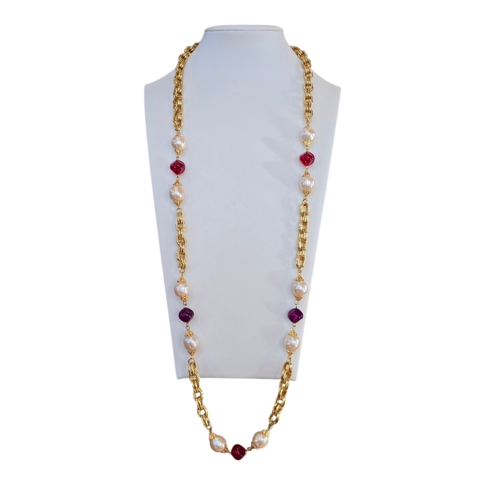 Baroque Glass Pearl Lucite Bead Goldtone Vintage Necklace